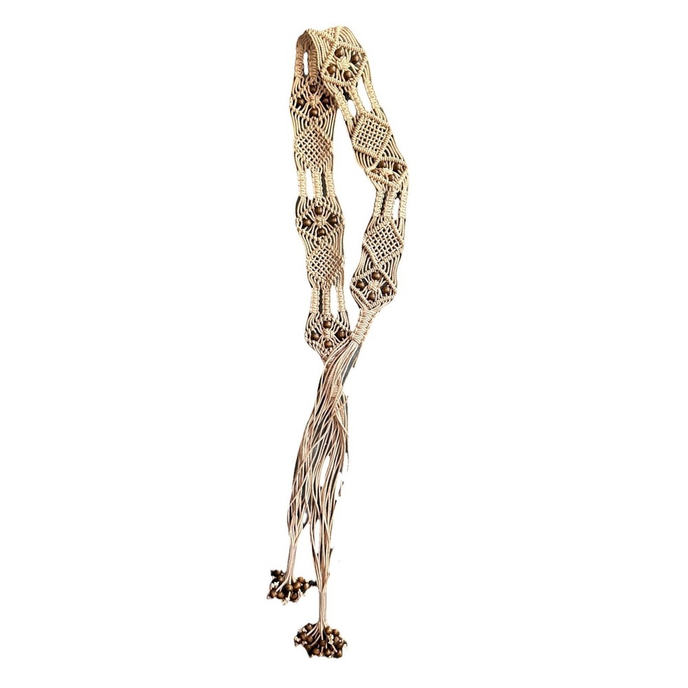 Boho Macrame Belt 73" Long Extra Long Fringe Wooden Beads Cream NEW